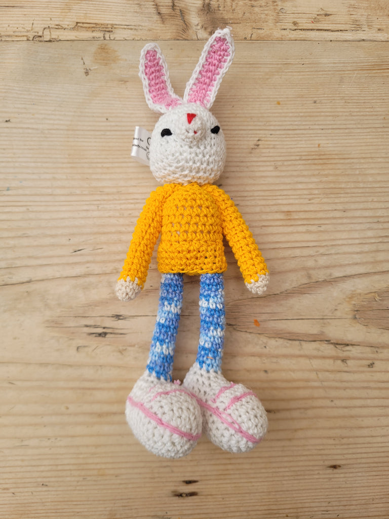 Adorable Long stripy legged, Big eared, Huge boots, hand crochet Bunny. Best sellers