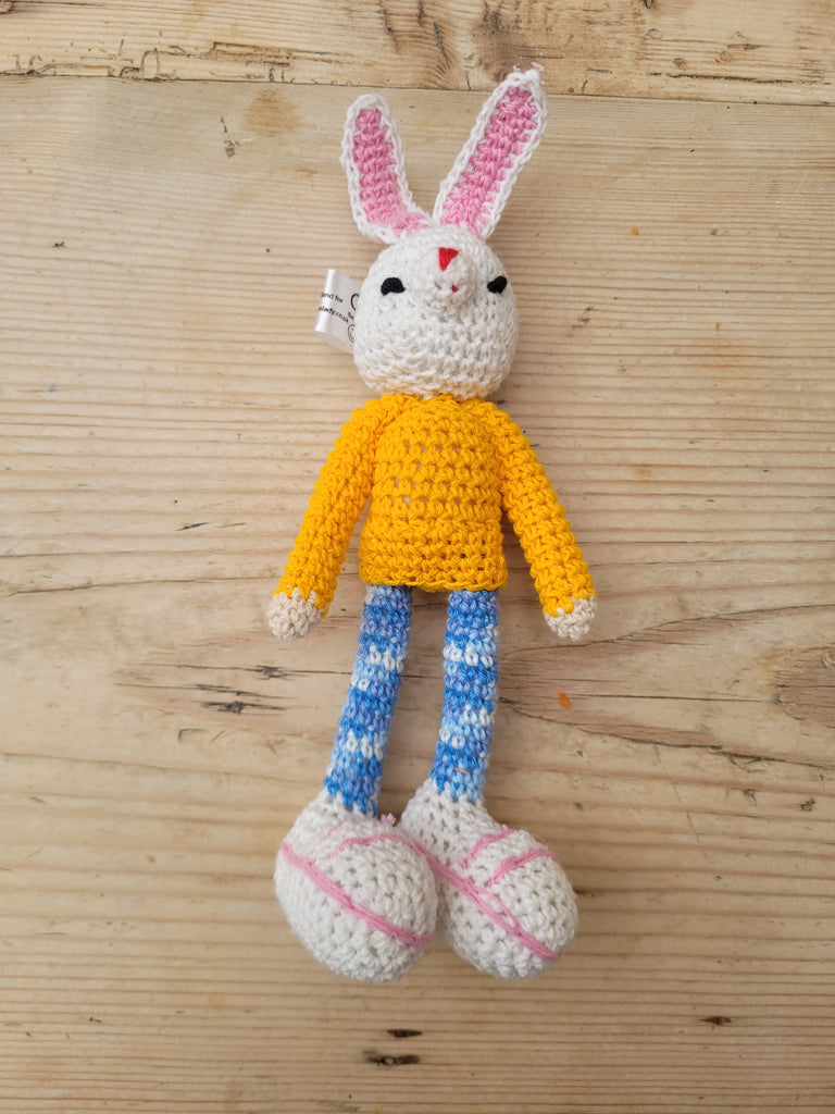 Adorable Long stripy legged, Big eared, Huge boots, hand crochet Bunny. Best sellers