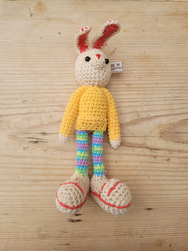 Adorable Long stripy legged, Big eared, Huge boots, hand crochet Bunny. Best sellers