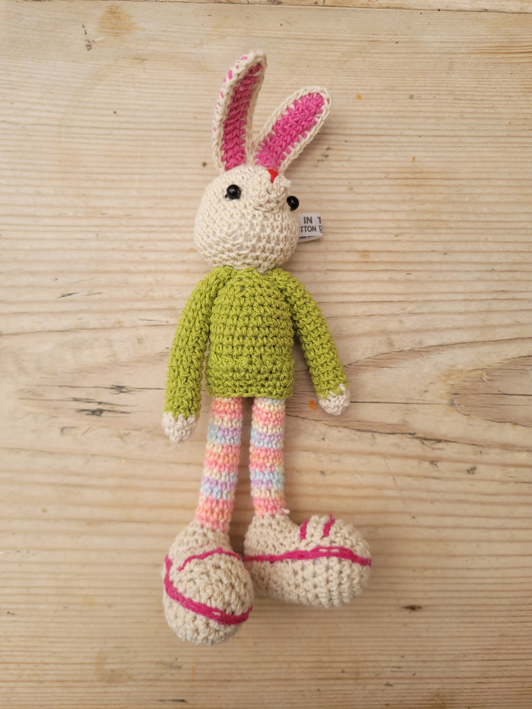 Adorable Long stripy legged, Big eared, Huge boots, hand crochet Bunny. Best sellers