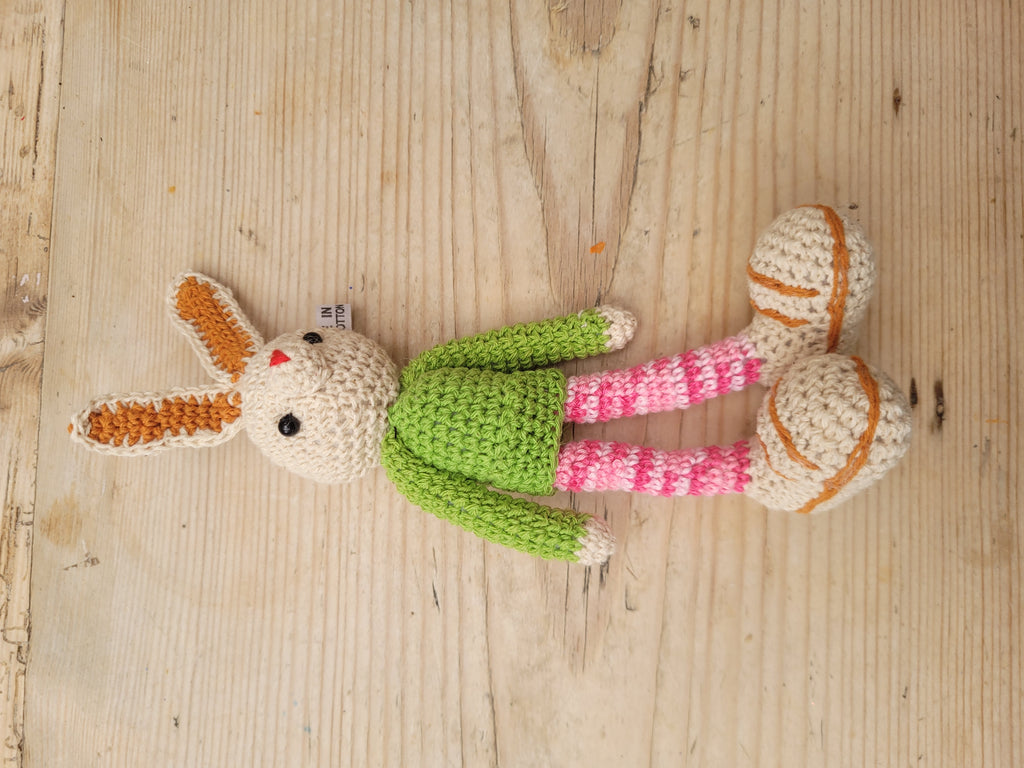 Adorable Long stripy legged, Big eared, Huge boots, hand crochet Bunny. Best sellers