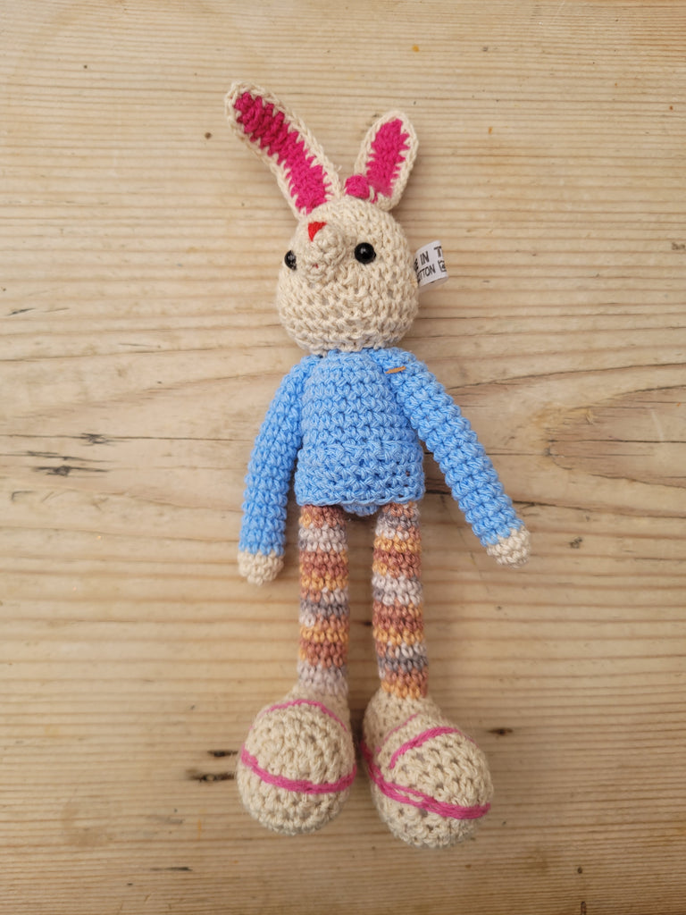 Adorable Long stripy legged, Big eared, Huge boots, hand crochet Bunny. Best sellers