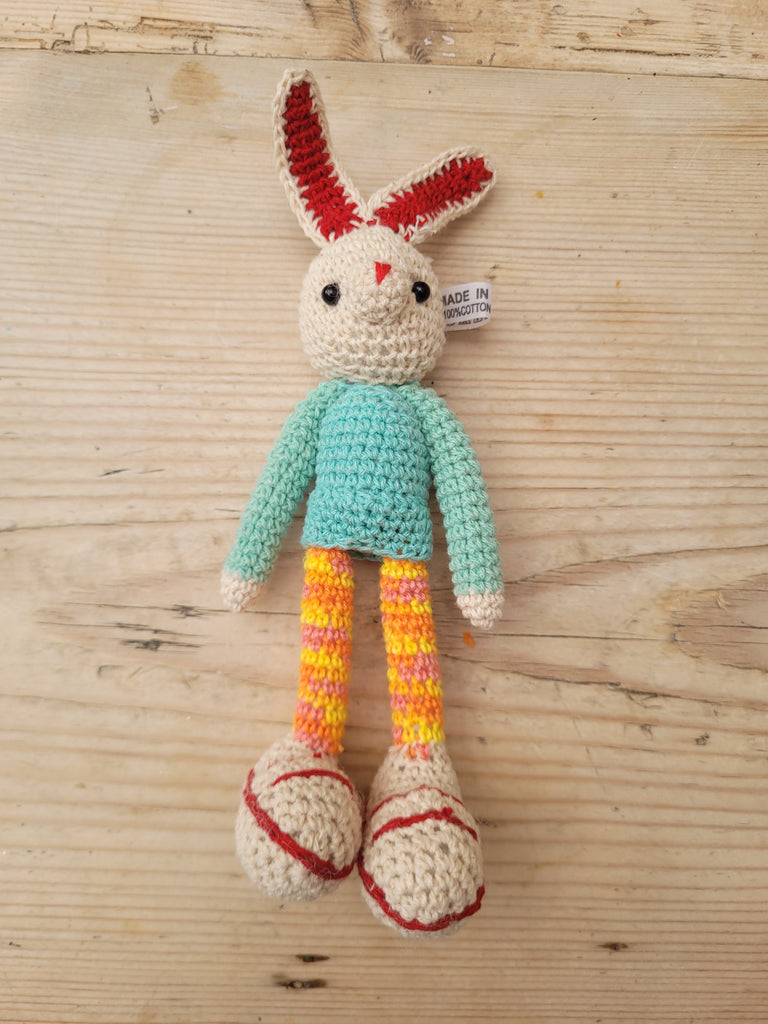 Adorable Long stripy legged, Big eared, Huge boots, hand crochet Bunny. Best sellers