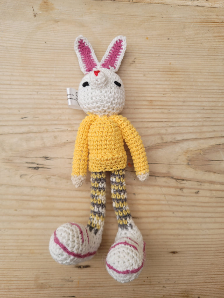 Adorable Long stripy legged, Big eared, Huge boots, hand crochet Bunny. Best sellers