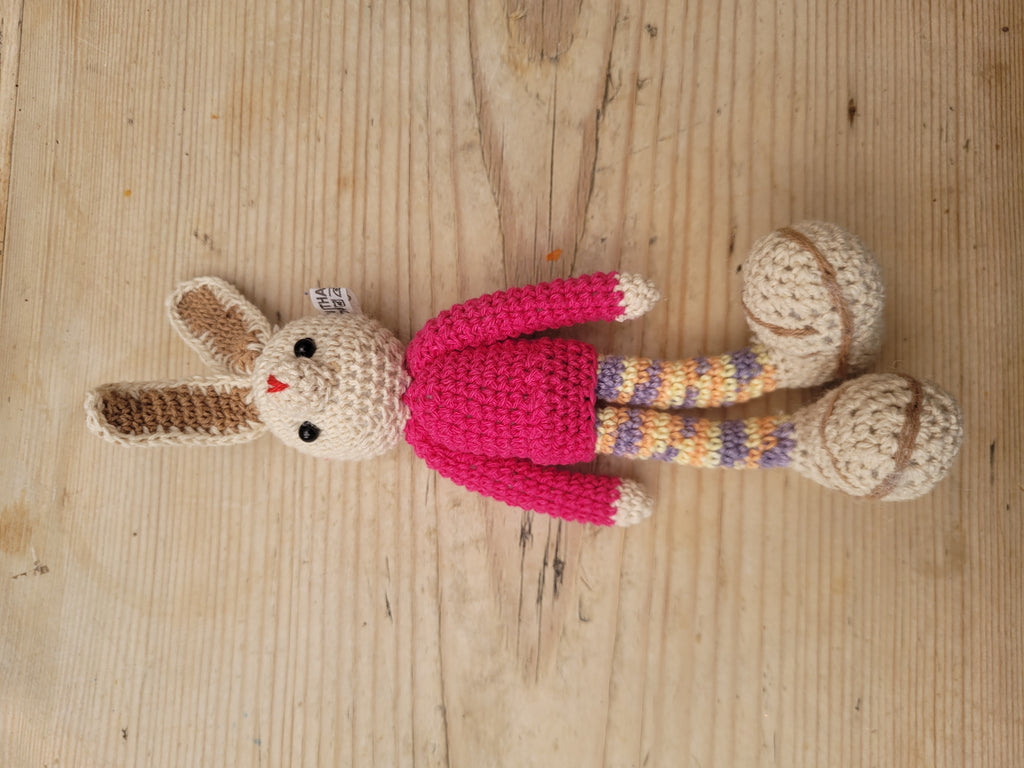 Adorable Long stripy legged, Big eared, Huge boots, hand crochet Bunny. Best sellers