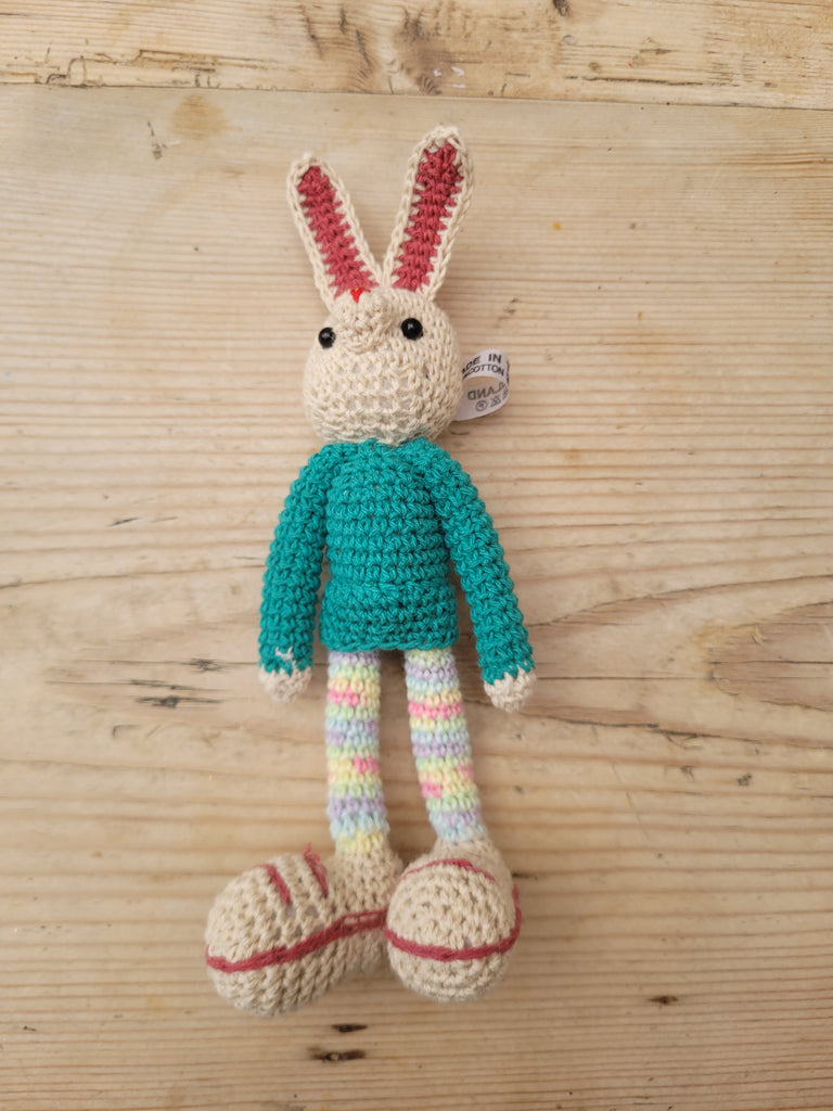 Adorable Long stripy legged, Big eared, Huge boots, hand crochet Bunny. Best sellers
