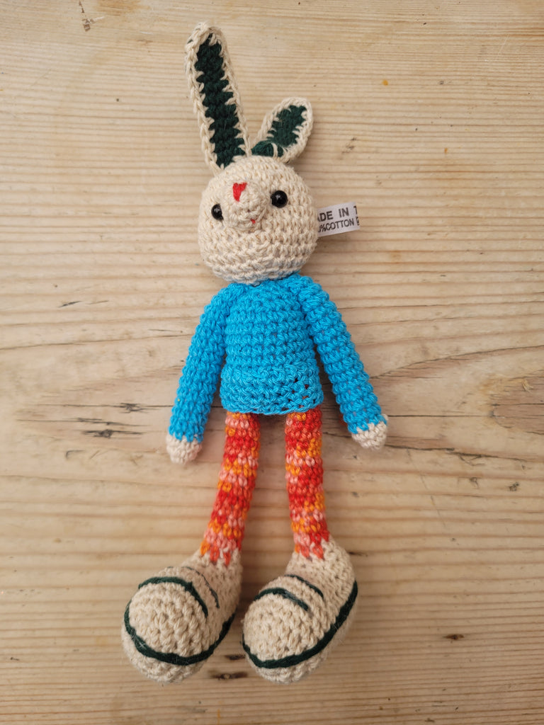 Adorable Long stripy legged, Big eared, Huge boots, hand crochet Bunny. Best sellers