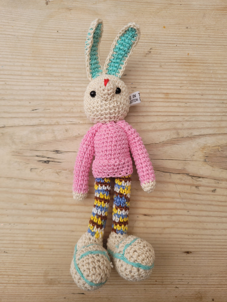 Adorable Long stripy legged, Big eared, Huge boots, hand crochet Bunny. Best sellers
