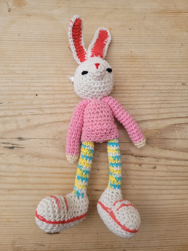 Adorable Long stripy legged, Big eared, Huge boots, hand crochet Bunny. Best sellers