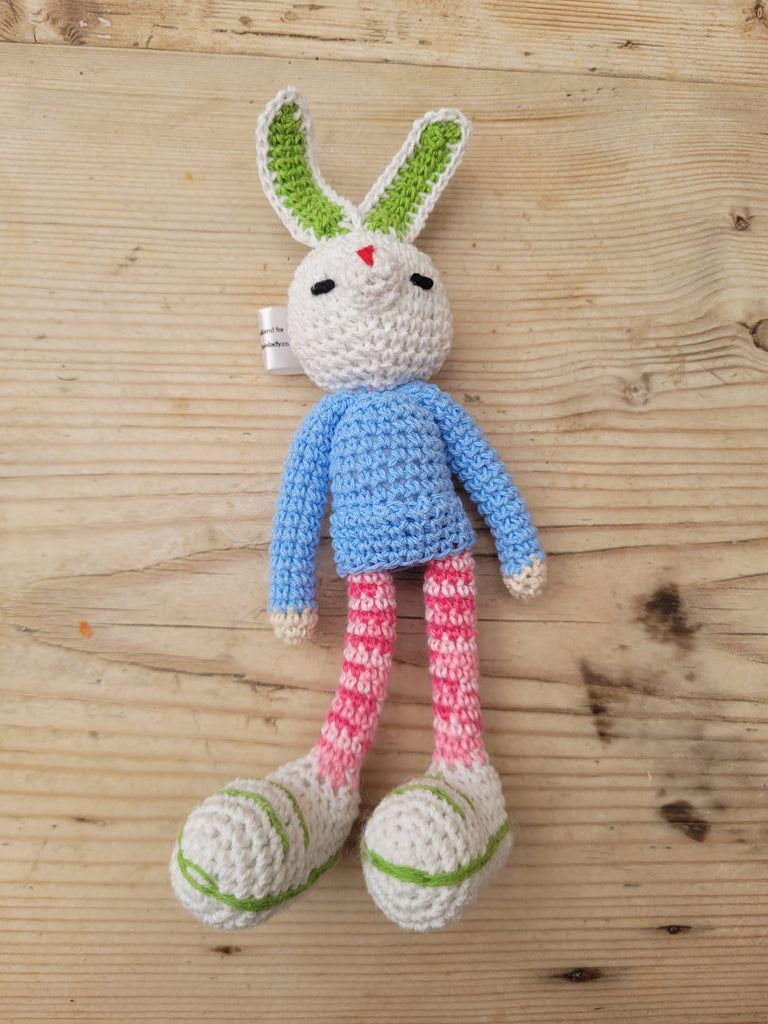 Adorable Long stripy legged, Big eared, Huge boots, hand crochet Bunny. Best sellers