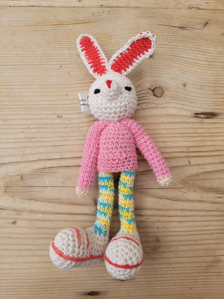 Adorable Long stripy legged, Big eared, Huge boots, hand crochet Bunny. Best sellers