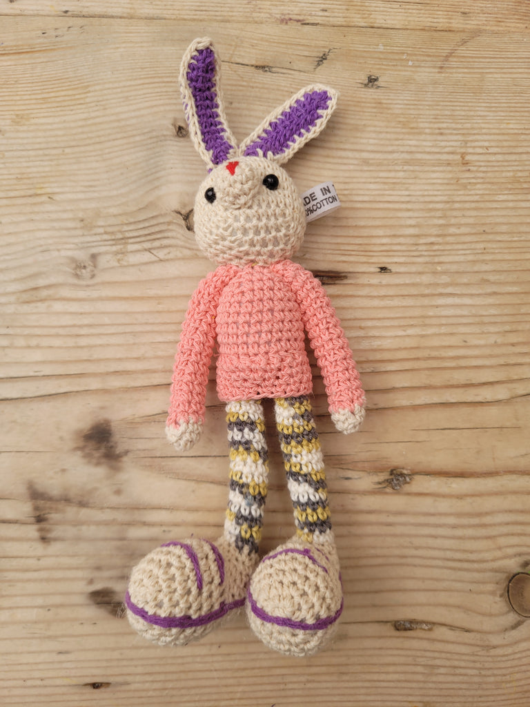 Adorable Long stripy legged, Big eared, Huge boots, hand crochet Bunny. Best sellers