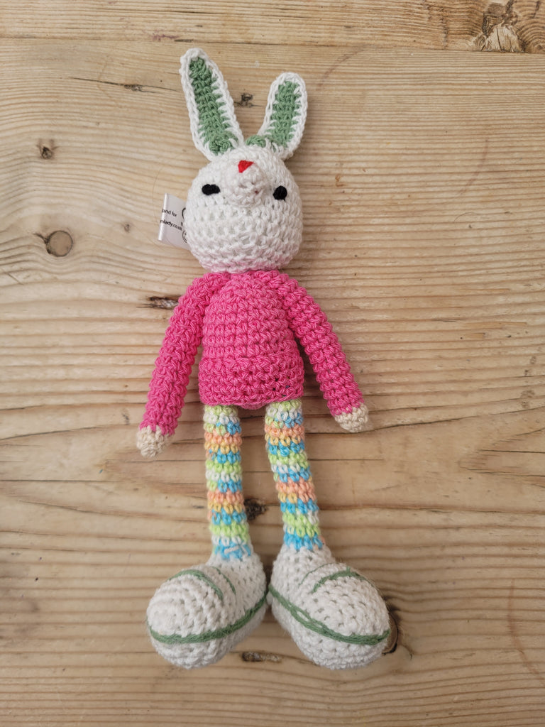 Adorable Long stripy legged, Big eared, Huge boots, hand crochet Bunny. Best sellers