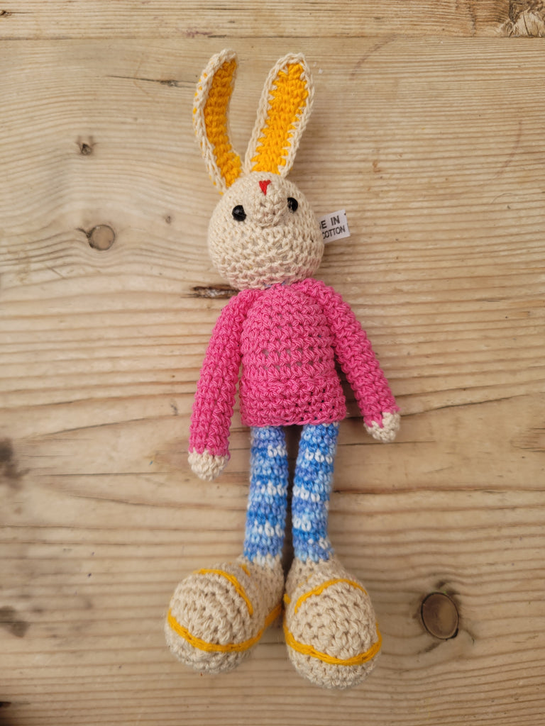Adorable Long stripy legged, Big eared, Huge boots, hand crochet Bunny. Best sellers