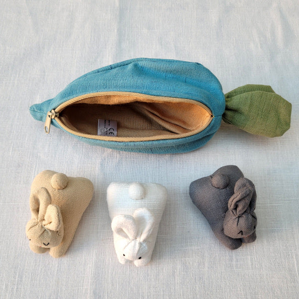 White, Brown, Grey Bunnies in a hand dyed soft cotton carrot