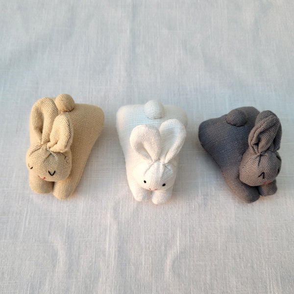 White, Brown, Grey Bunnies in a hand dyed soft cotton carrot