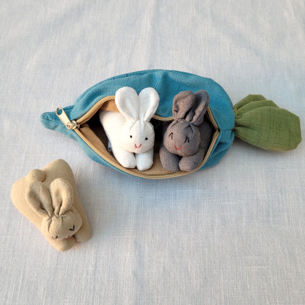 White, Brown, Grey Bunnies in a hand dyed soft cotton carrot