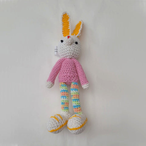 Adorable Long stripy legged,  Big eared, Huge boots, hand crochet Bunny. Best sellers